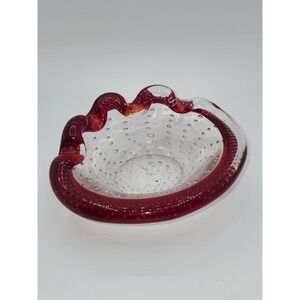 Murano Art Glass Ashtray Red & Clear Bullicante‎ 5x4"